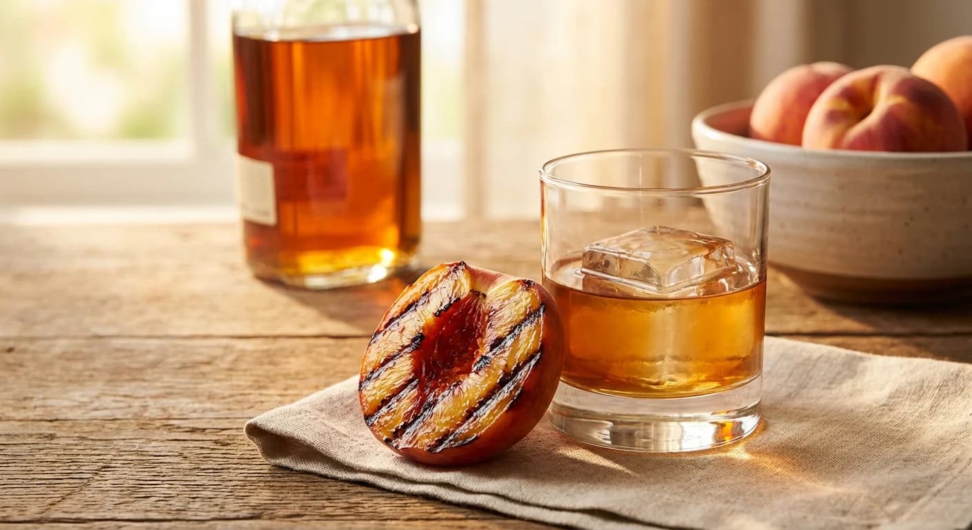 Bourbon cocktail with grilled peach garnish on a wooden surface