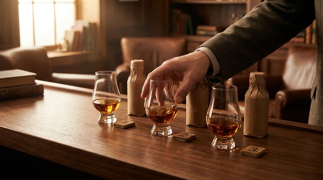 Three numbered glasses of bourbon in front of brown-bagged bottles for a blind tasting