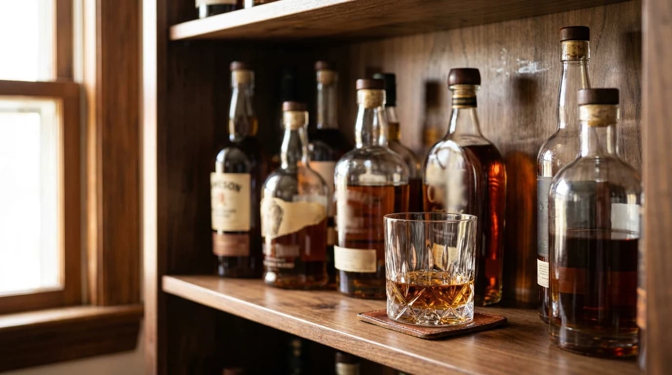 A shelf of bourbon bottles spanning budget flagships to allocated releases