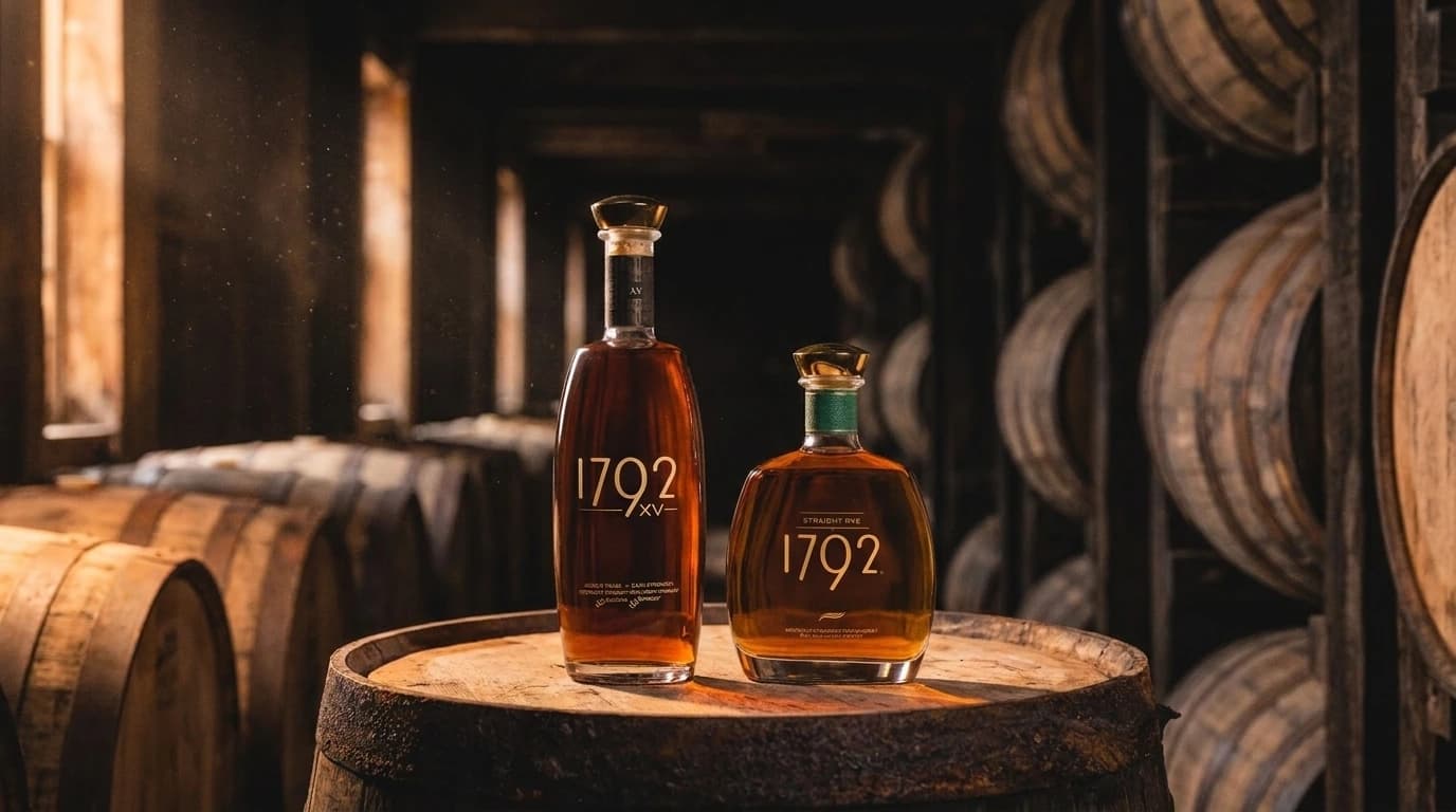 The new 1792 XV and 1792 Kentucky Straight Rye bottles standing on a barrel head in a dim Kentucky rickhouse
