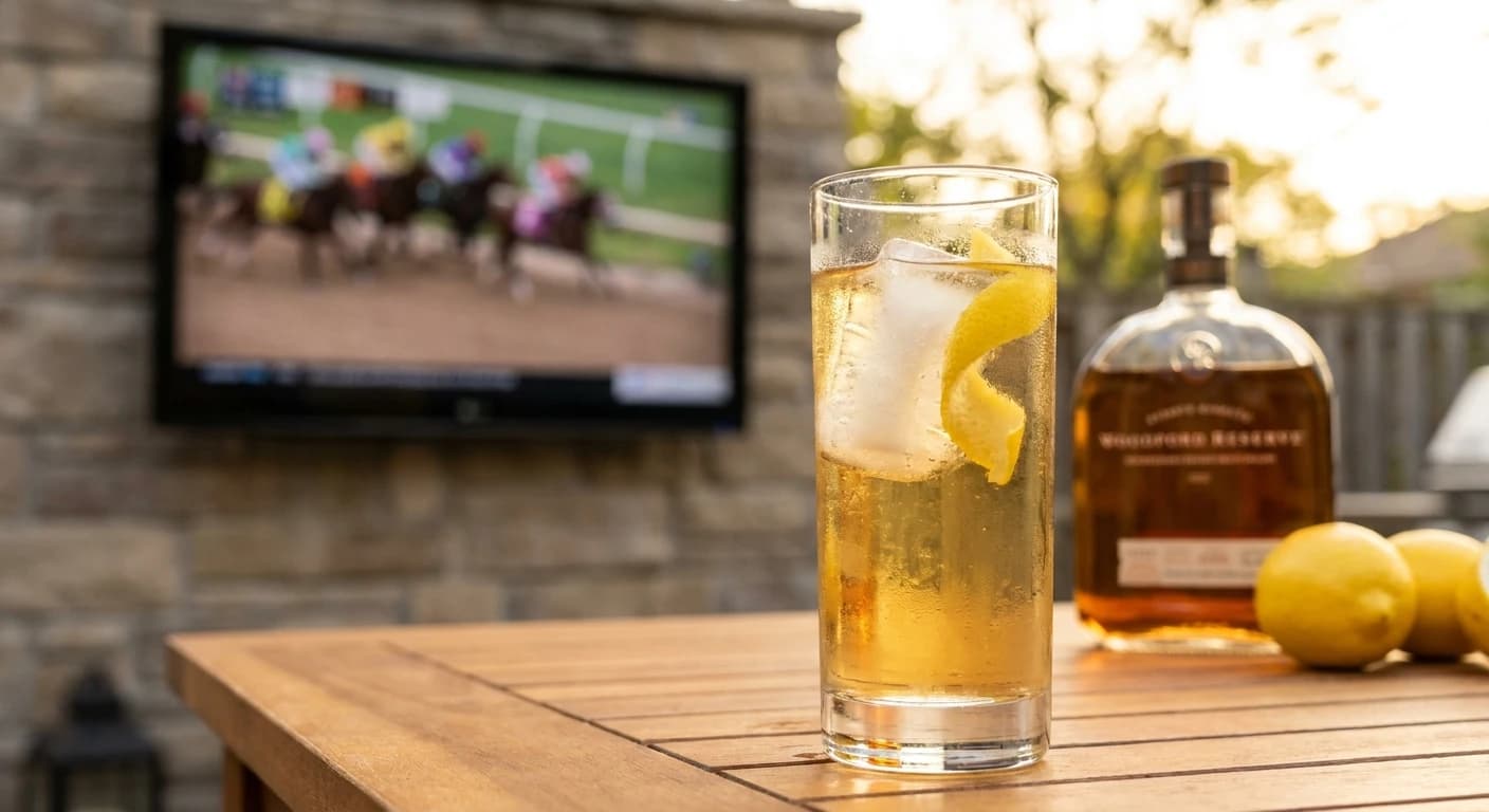 Bourbon highball in a tall glass with ice and a lemon twist on a backyard outdoor table, race visible on outdoor TV i...