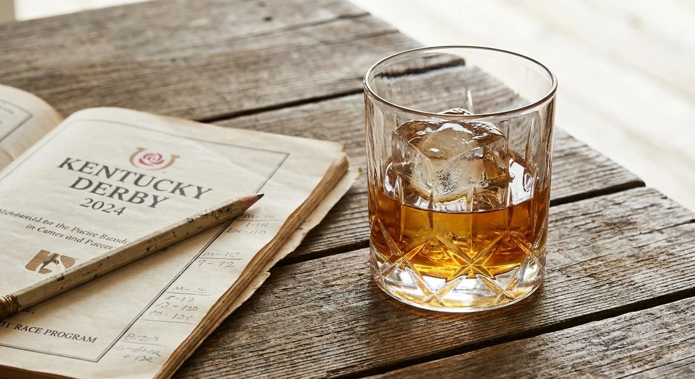 Close-up of a single rocks glass with a large clear ice cube and amber bourbon, race program with handwritten notes b...