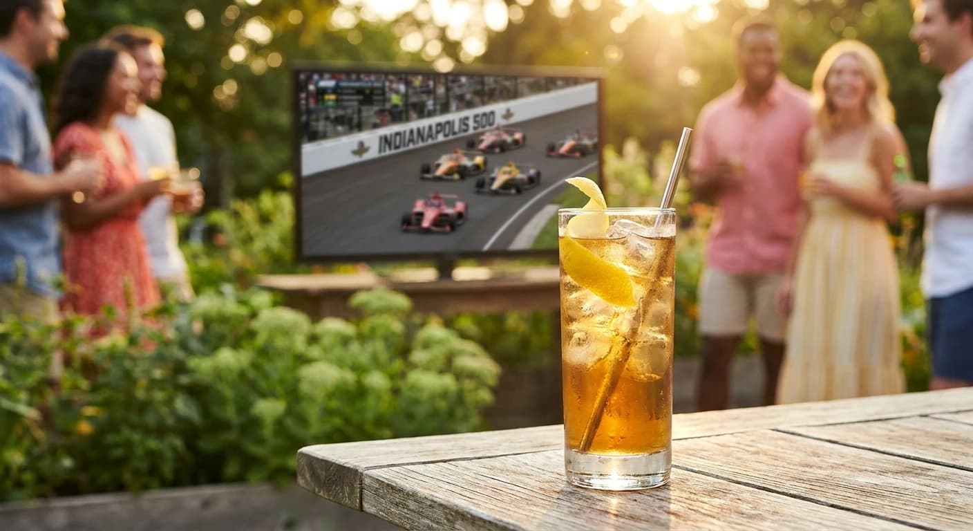 Bourbon glass on a checkered race-themed coaster