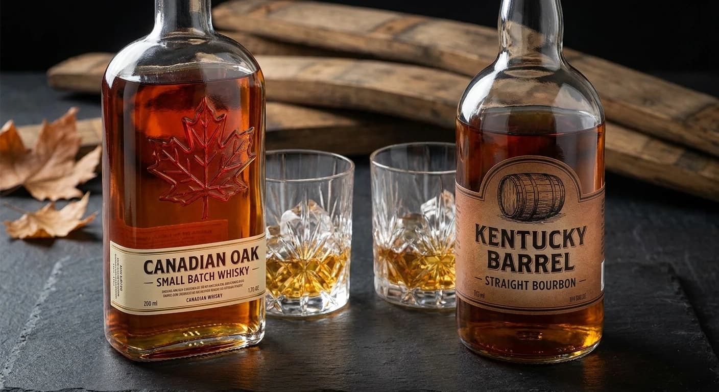 Side-by-side bottle comparison, Canadian whisky on left with red maple leaf imagery, bourbon on right with American ...