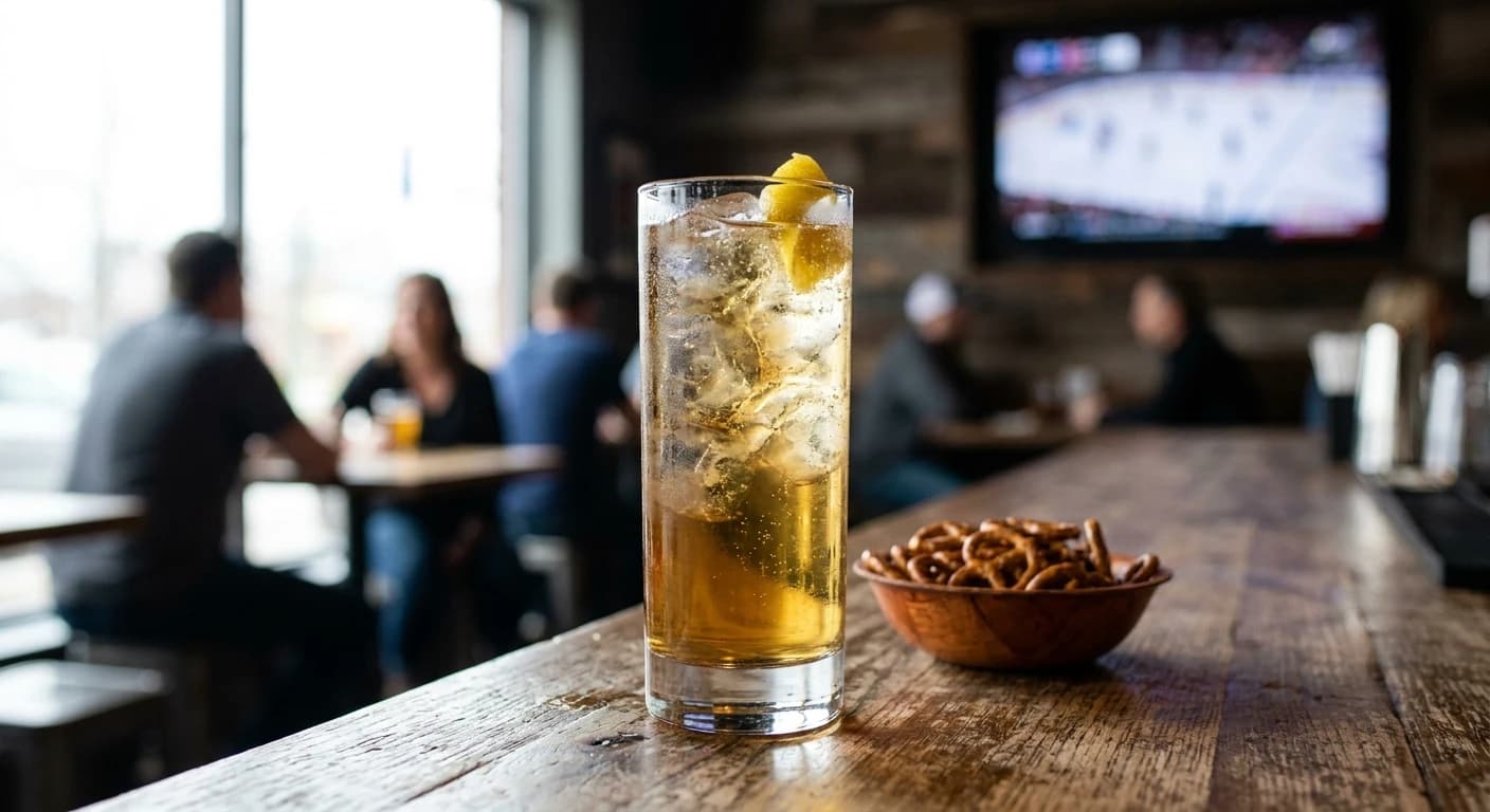 Tall highball glass on a bar with Canadian whisky, ice, and soda water, lemon twist garnish, condensation visible, ba...