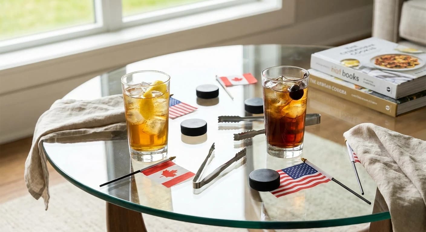 Canadian whisky bottle beside a bourbon bottle with two glasses
