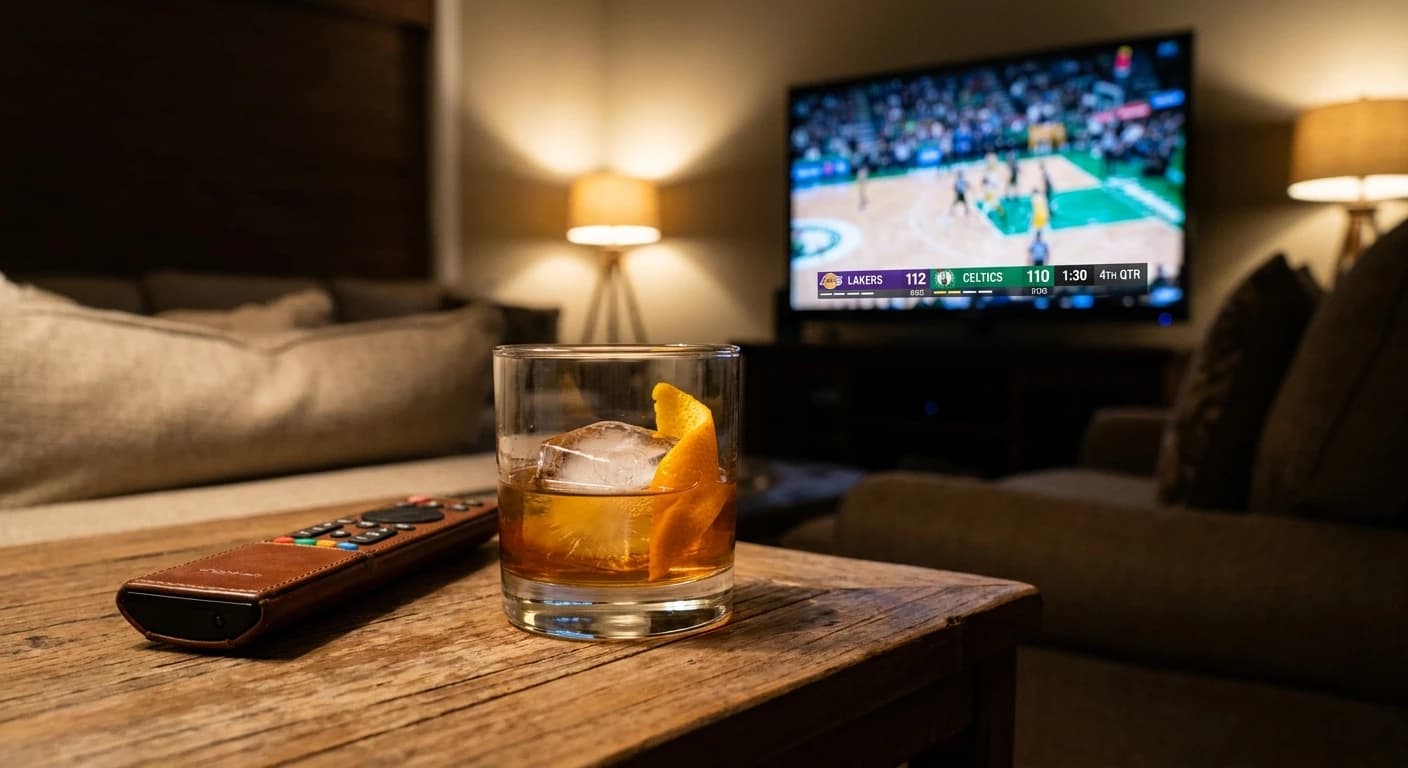 Bourbon glass on a side table beside a remote control, TV showing late-game NBA action with close score, living room ...