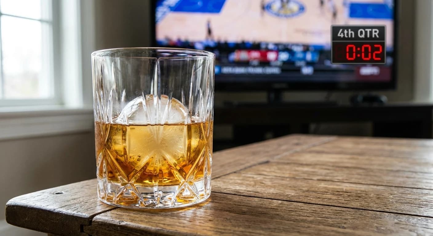 Close-up of a bourbon glass on a coffee table with fourth-quarter game clock visible on TV in background, tight shot ...