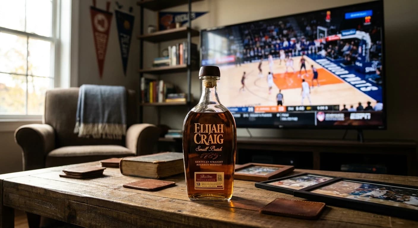 Bourbon glass on a basketball-themed coaster with TV showing game