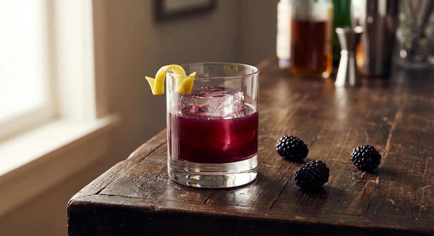 Blackberry bourbon smash in a rocks glass with a blackberry garnish