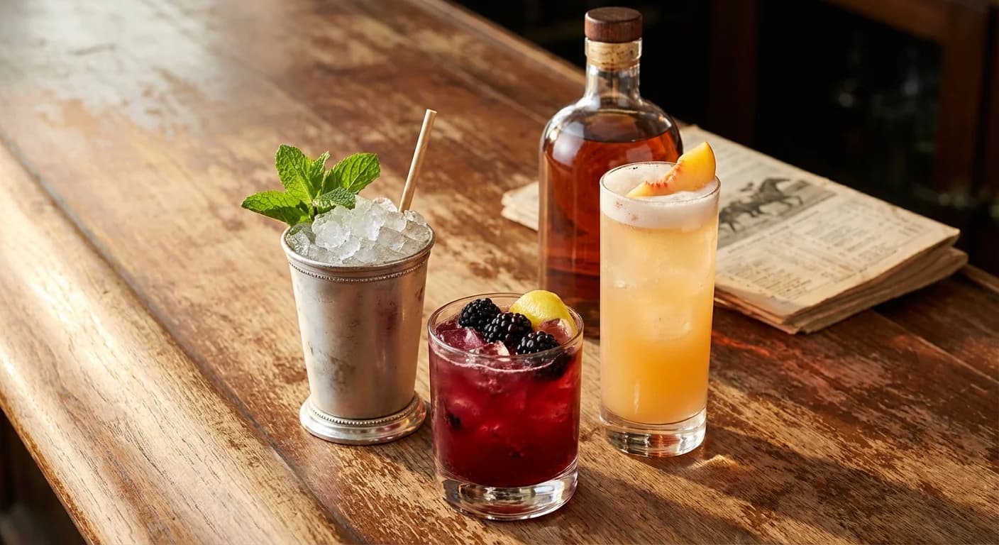 Three bourbon cocktails on a silver tray with fresh mint and spring fruit