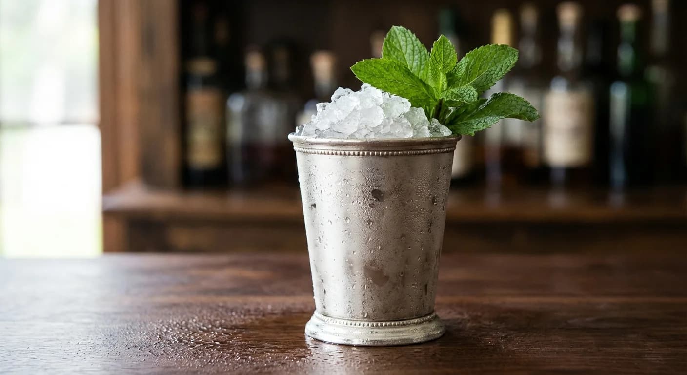 A frosted silver julep cup with fresh mint bouquet