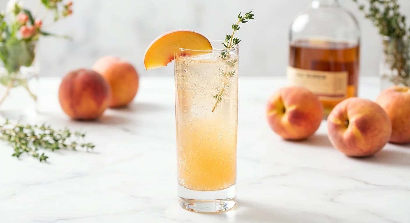 Peach bourbon fizz in a champagne flute with a thin peach slice garnish