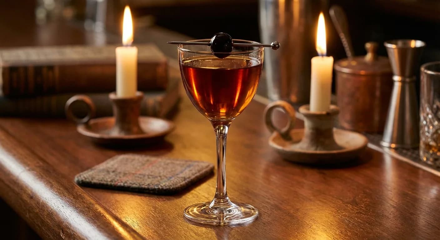 Amaro-bourbon stirred cocktail in a coupe glass with orange twist