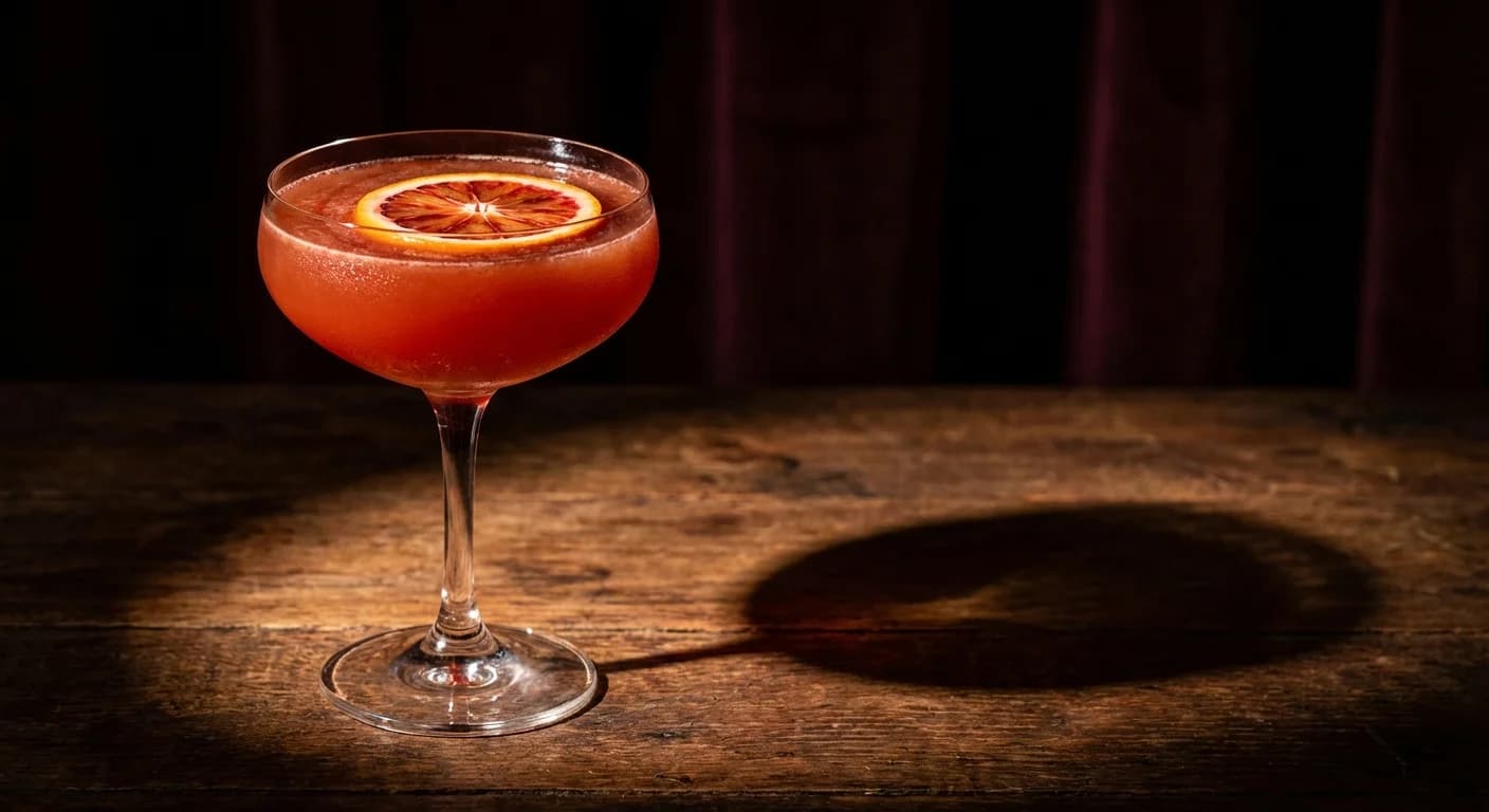 Blood orange bourbon sour with Angostura bitters art on foam