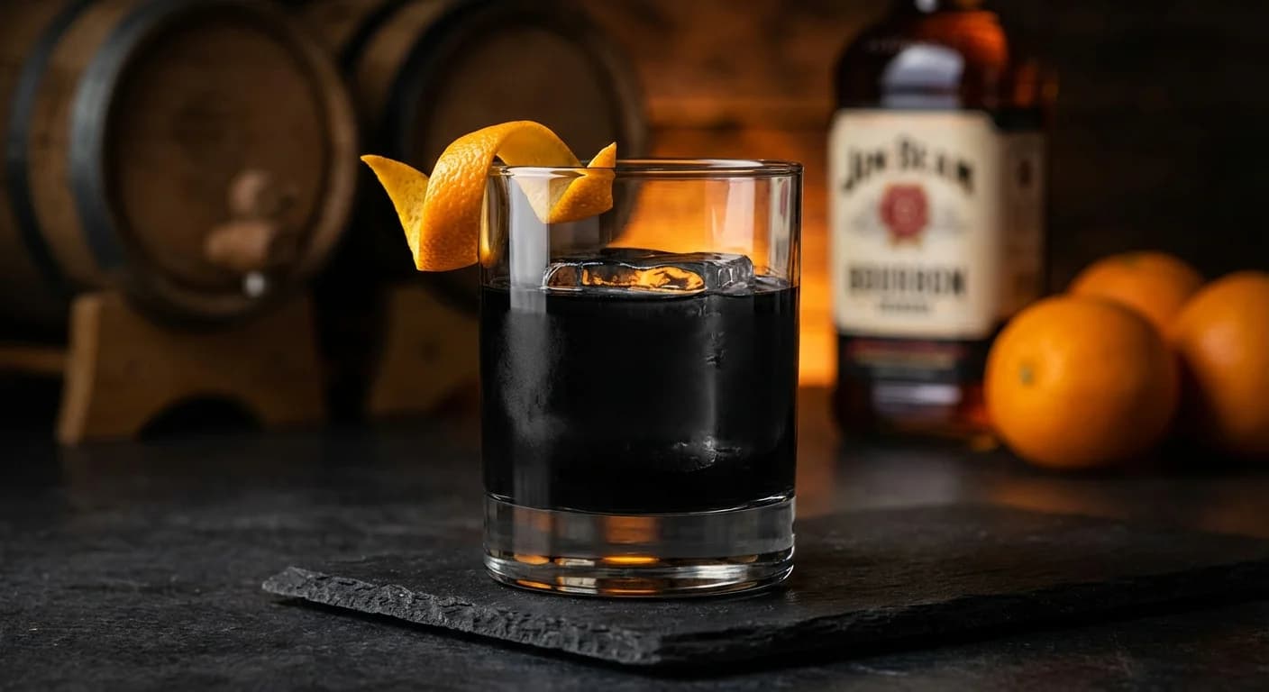 Black Old Fashioned with activated charcoal over a clear ice cube