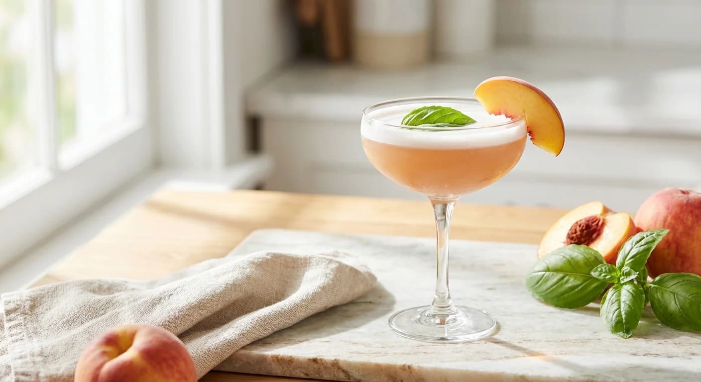 A basil-peach bourbon sour in a coupe glass with fresh basil leaves
