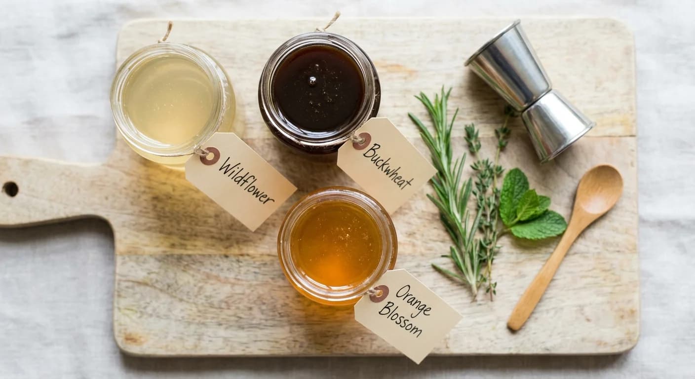 Jars of wildflower, buckwheat, and orange blossom honey showing their color differences
