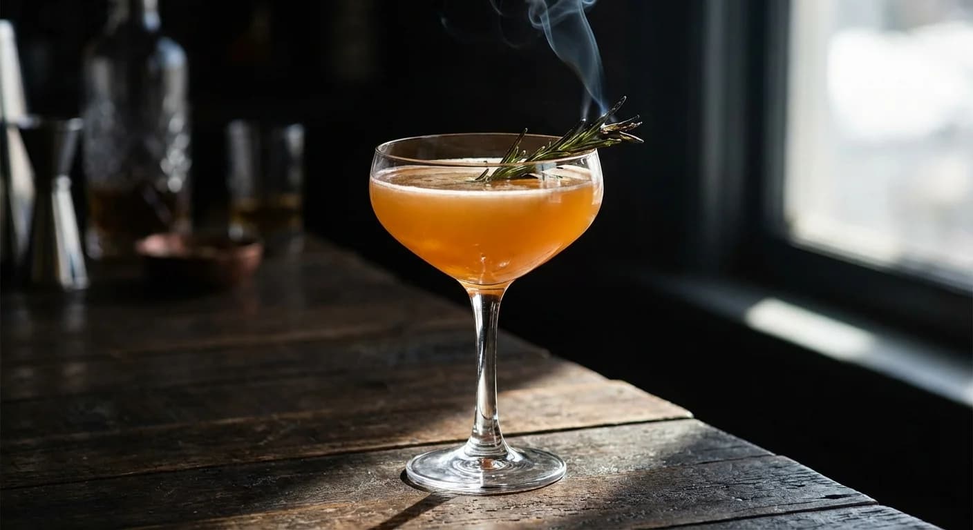 A rosemary-lemon bourbon sour over a large ice cube in a rocks glass