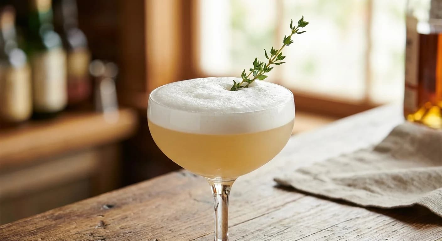 A thyme-honey bourbon sour in a coupe glass with a thyme sprig garnish