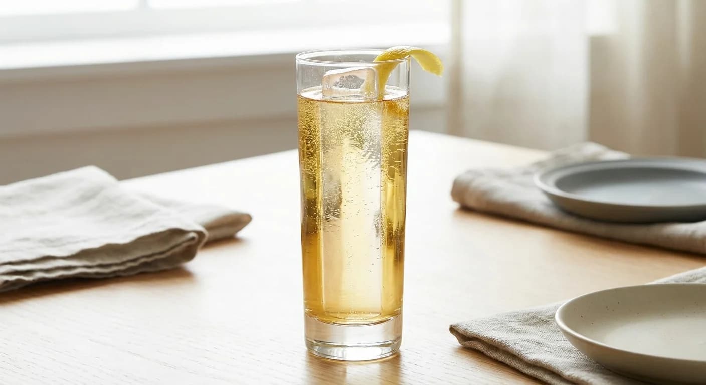 A bourbon highball with tonic water and a lemon twist in a tall glass over ice