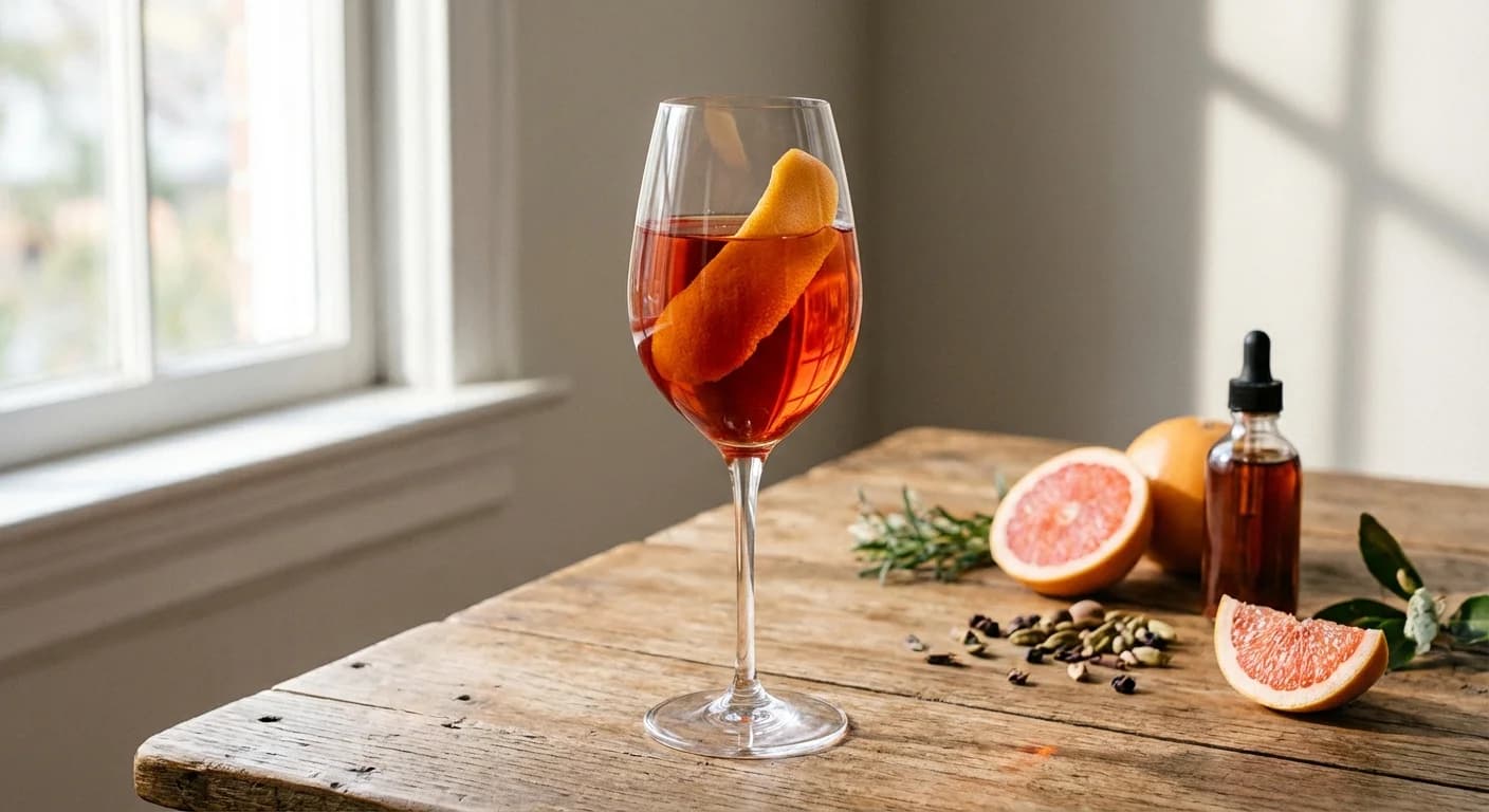A bitters and bourbon spritz in a rocks glass with an orange wheel garnish