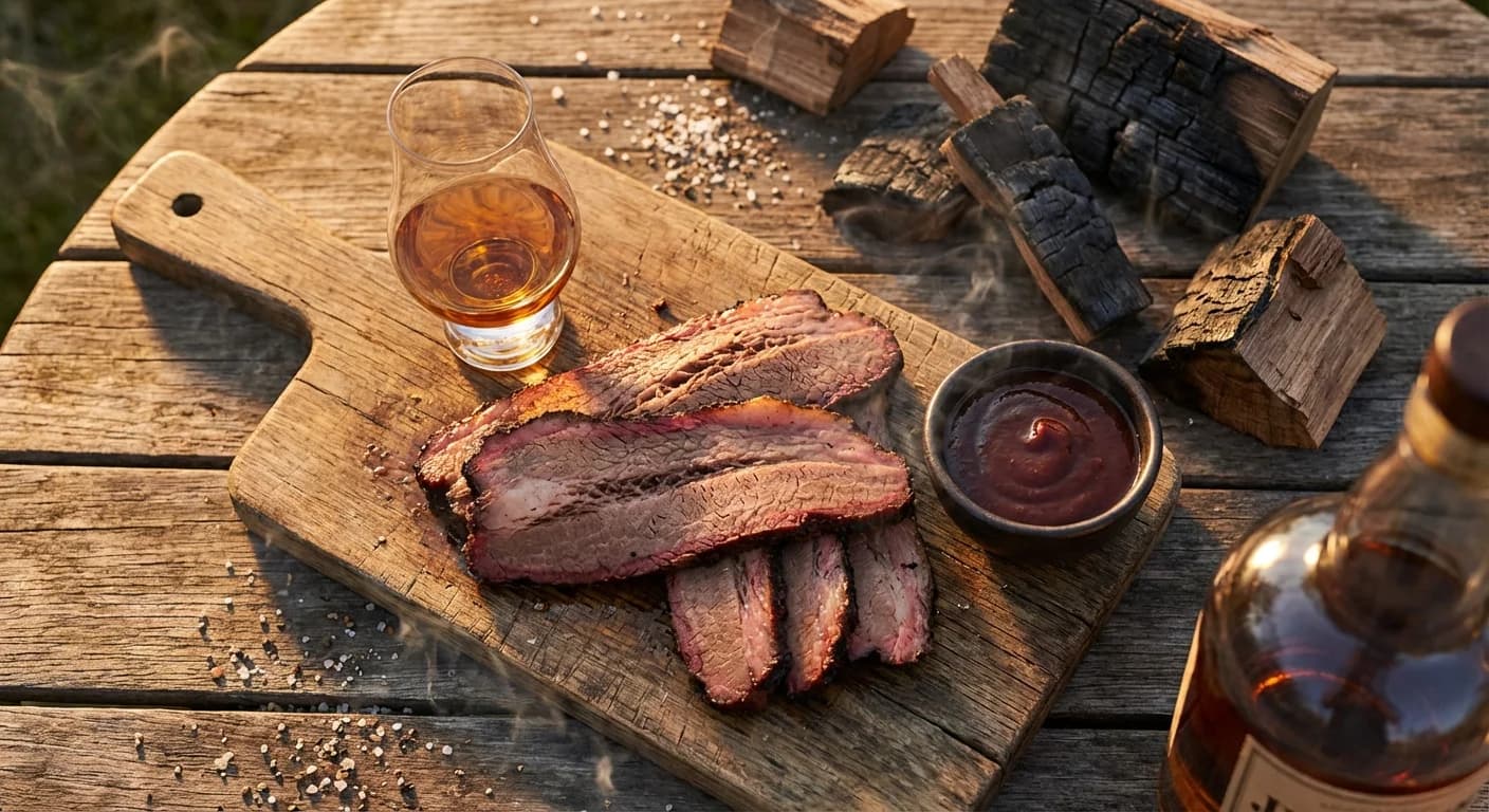 Bourbon glass next to smoked brisket on a cutting board