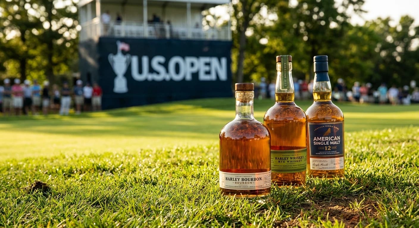 Three American whiskey bottles arranged on a wood bar