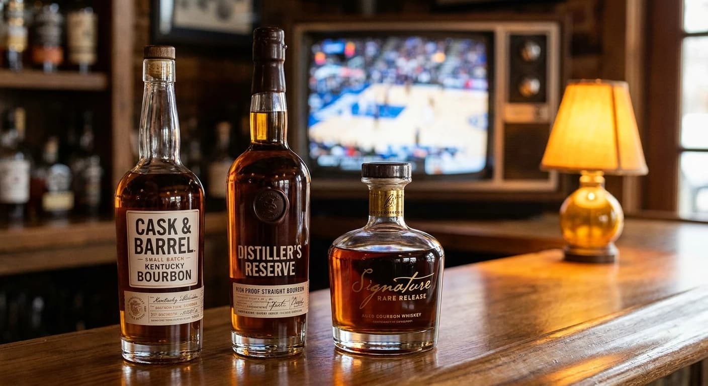 Three bourbon bottles arranged left to right on a bar, a mid-shelf crowd bottle, a higher-proof sipping bottle, a pr...