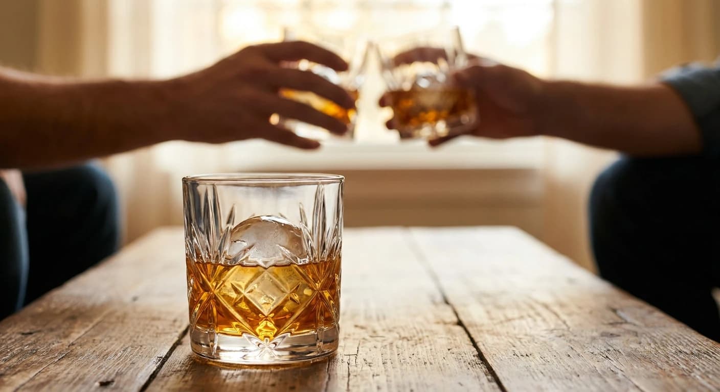 Close-up of a single rocks glass with a large ice cube and amber bourbon on a coffee table, hands in soft focus cheer...
