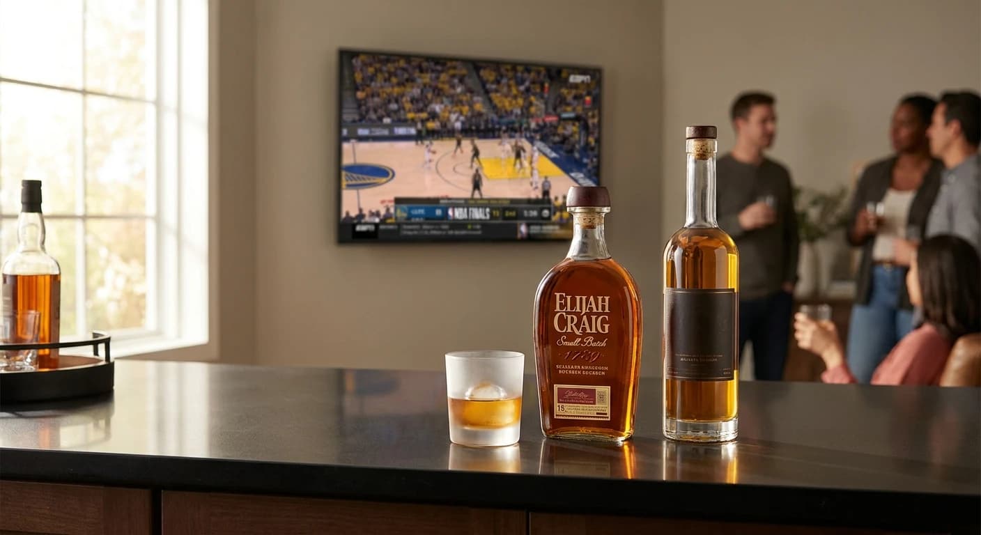 Three bourbon bottles arranged on a home bar for a watch party