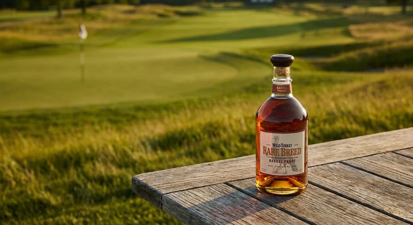Bourbon glass on a golf-themed setting with a putter in soft focus