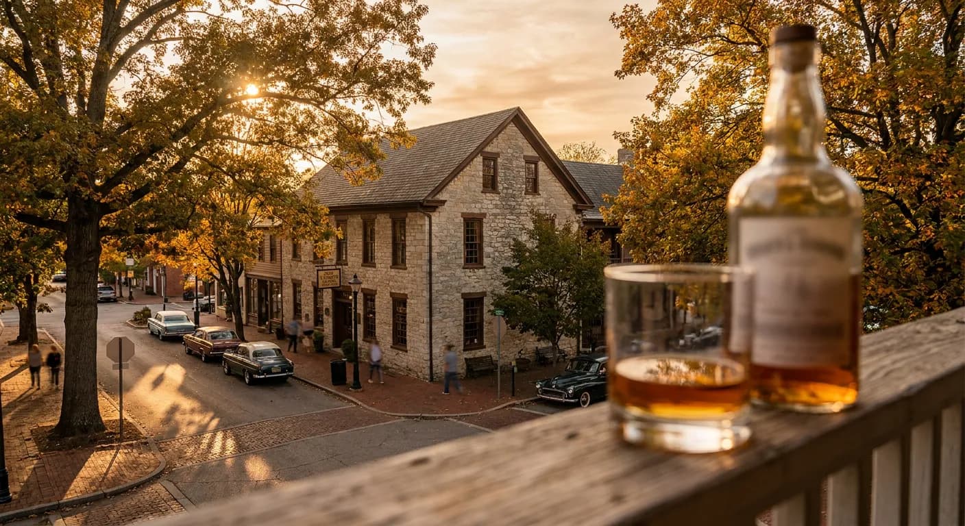 The historic stone facade of Old Talbott Tavern on Court Square in downtown Bardstown at golden hour.