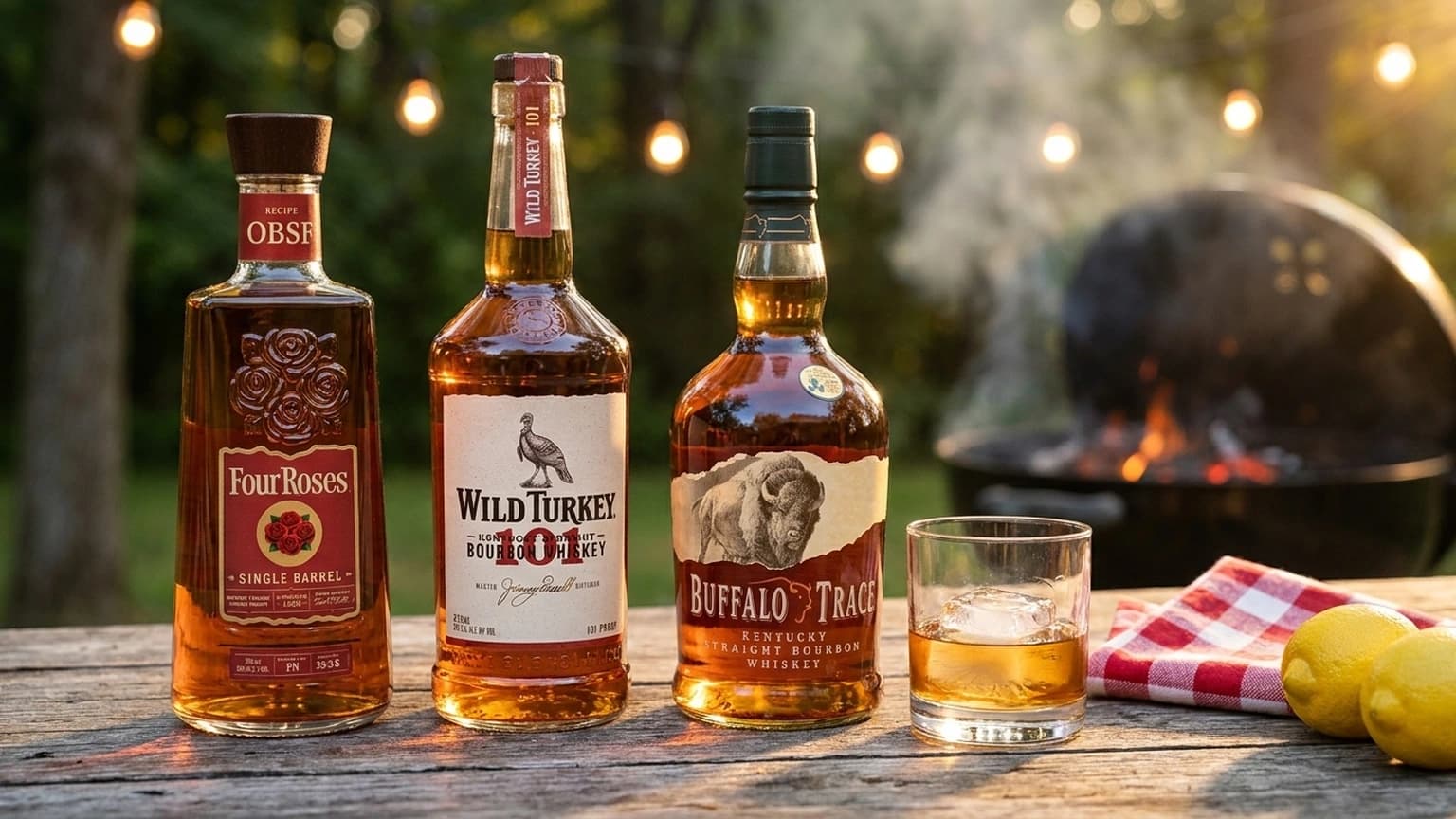Bourbon bottles and glasses set up on a picnic table for a July 4 cookout