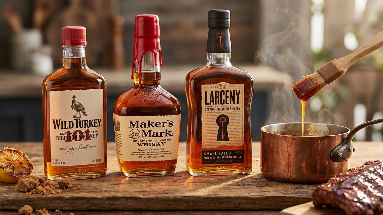 Bourbon being poured into a saucepan of barbecue glaze on a stovetop