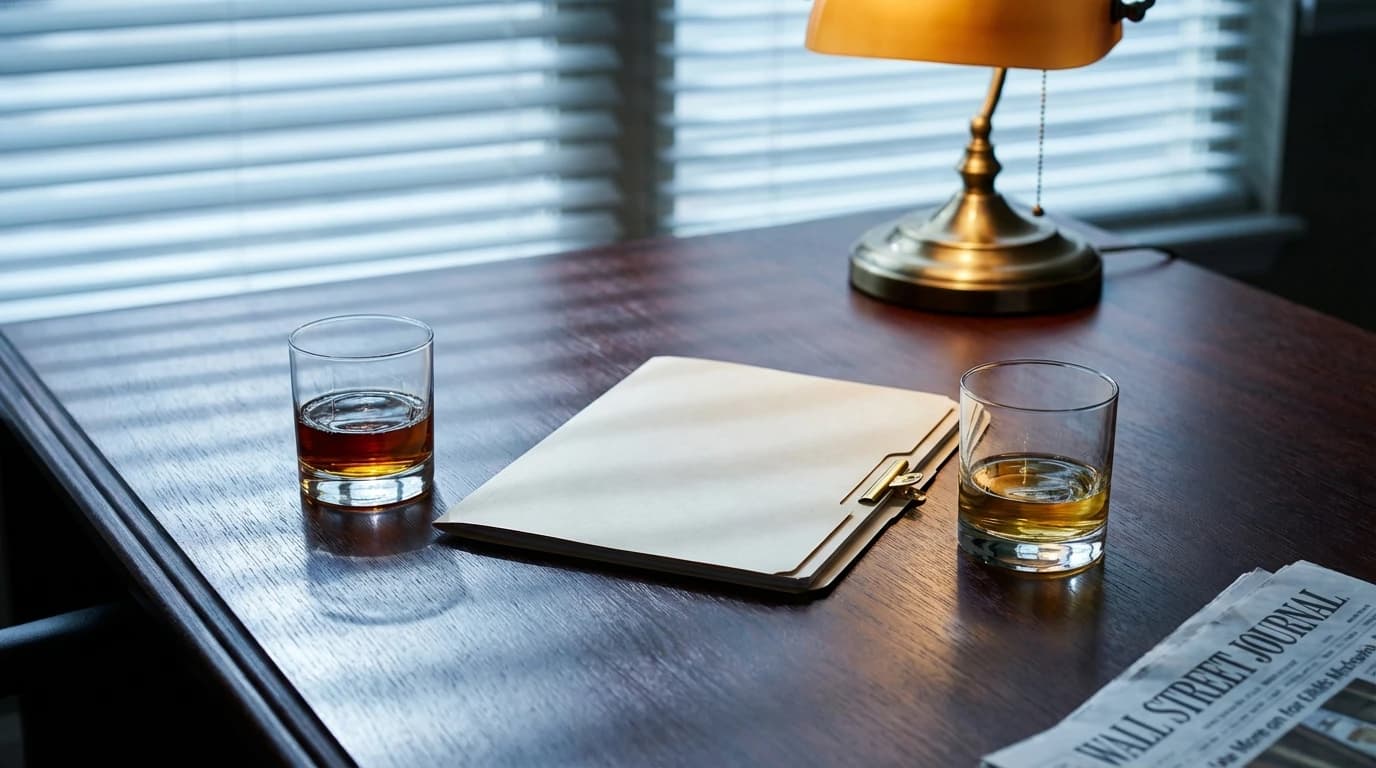 Two pours of bourbon flanking a closed document folder on a mahogany boardroom table, brass lamp and Wall Street Journal at the edge.