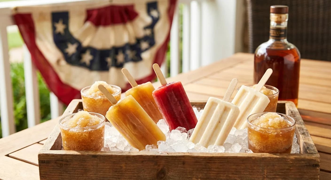 Frozen bourbon cocktails and popsicles on a red white and blue outdoor table