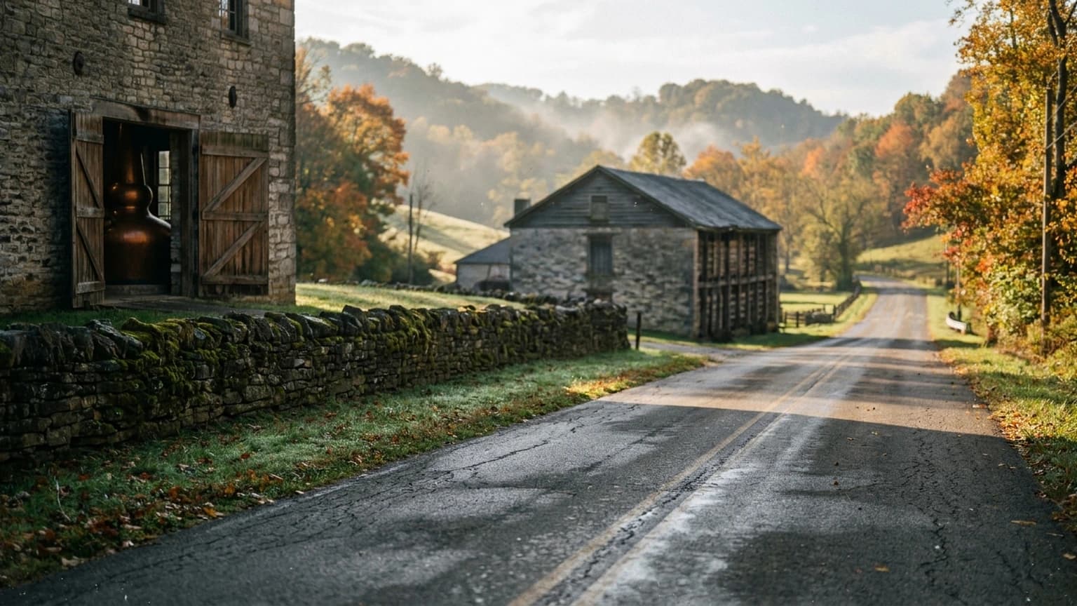 An early-autumn drive approaching a historic Kentucky distillery campus.