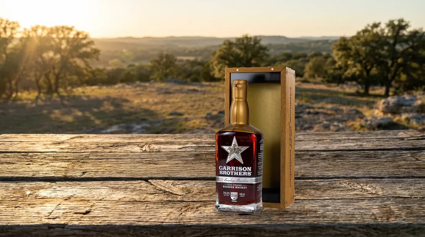 The 2026 Garrison Brothers Cowboy Bourbon bottle and its wooden presentation box on a mesquite table overlooking the Texas Hill Country at sunset.