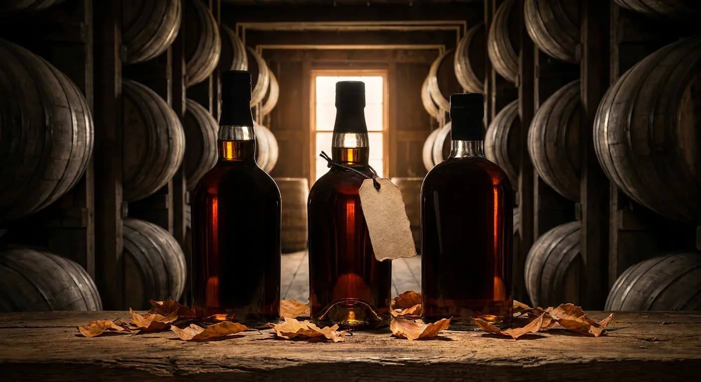 Three unbranded premium bourbon bottles stand on a worn wooden table surrounded by amber autumn leaves.