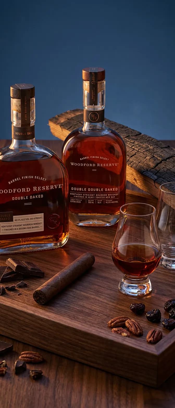 A Glencairn glass of amber bourbon beside an unlit cigar and a charred oak stave on a dark wooden tray.