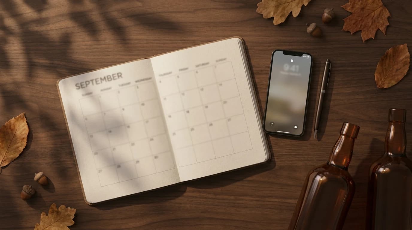 A clean notebook displaying a September calendar sits next to a smartphone and unidentifiable sealed amber bottles on dark wood.