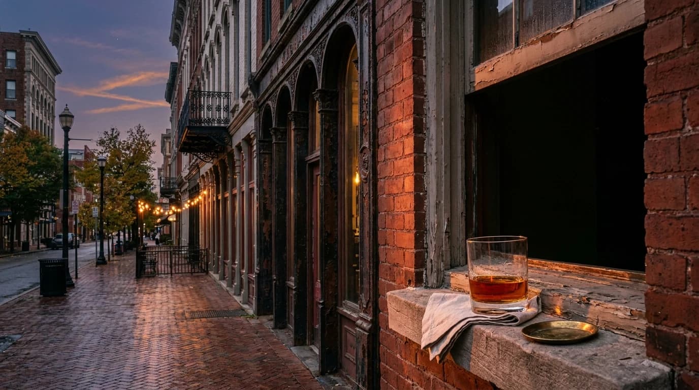 An amber bourbon glass sits on a dimly lit bar top looking out at historic brick buildings at dusk.