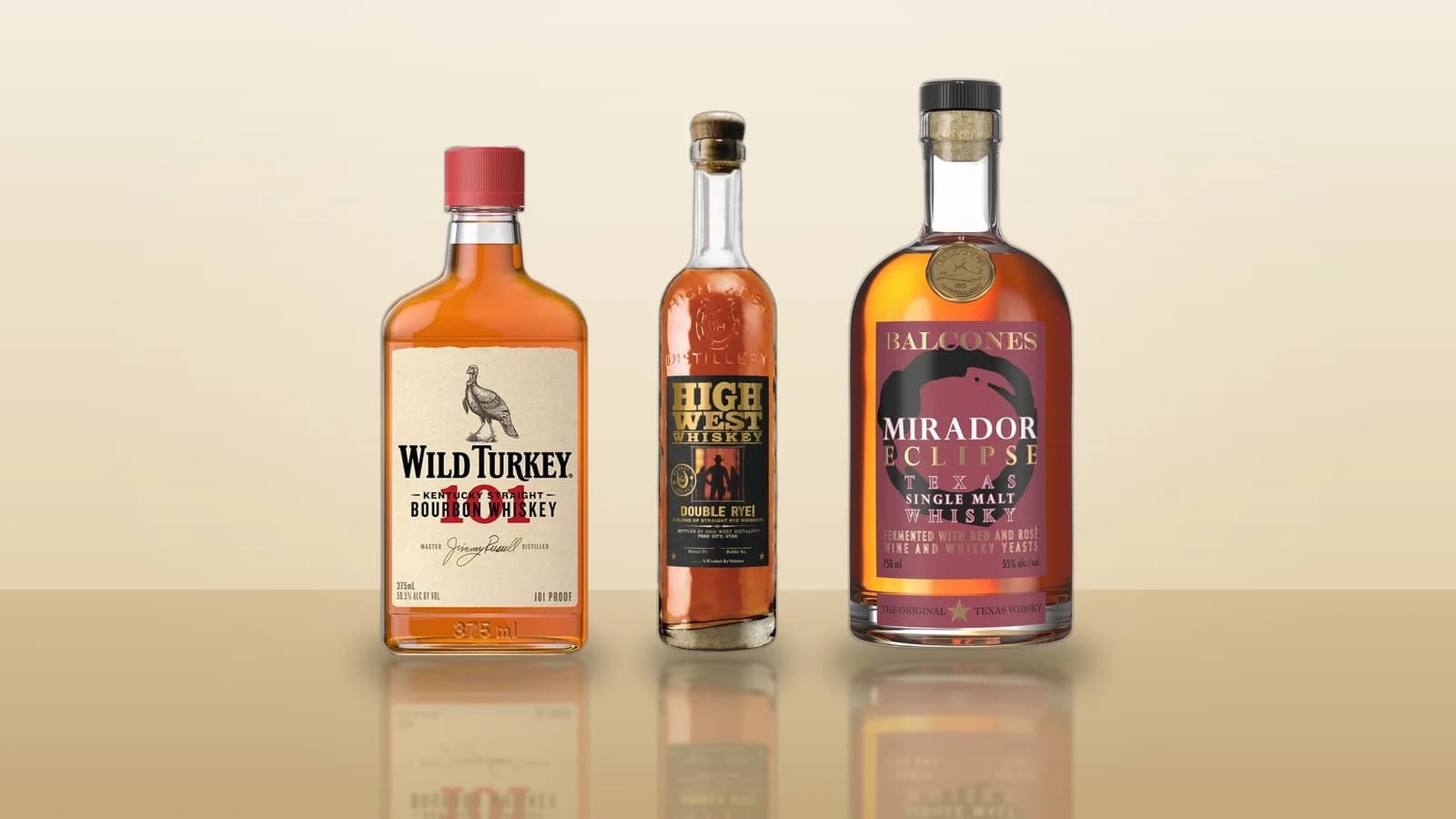 Wild Turkey 101 bourbon, High West Double Rye, and Balcones Texas single malt — real American whiskeys for U.S. Open weekend
