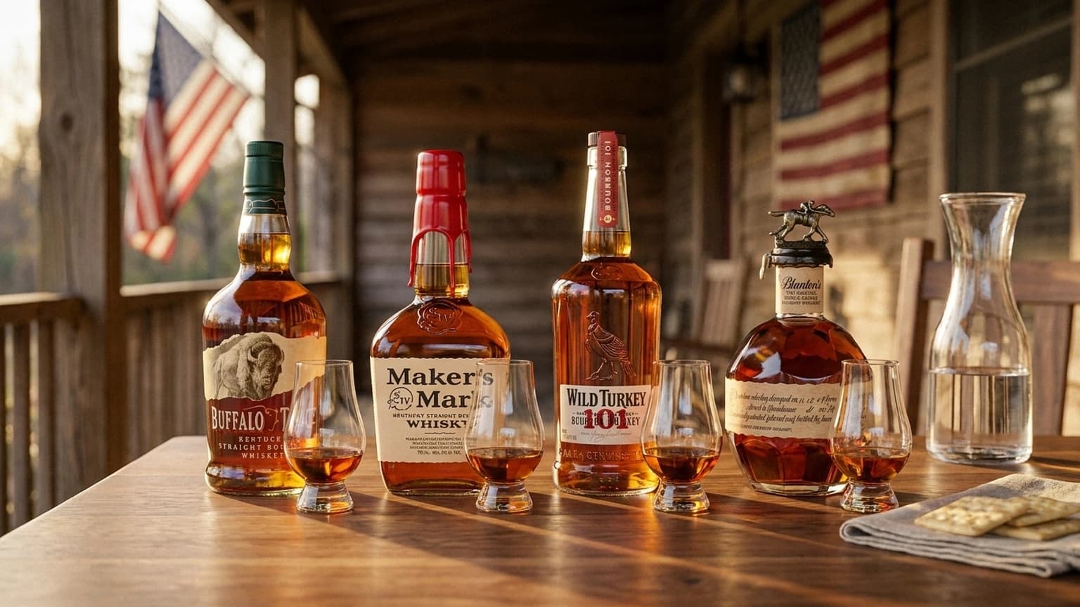 Four bourbon bottles — Buffalo Trace, Maker's Mark, Wild Turkey 101, and Blanton's — set up for a July 4 tasting flight on a porch table